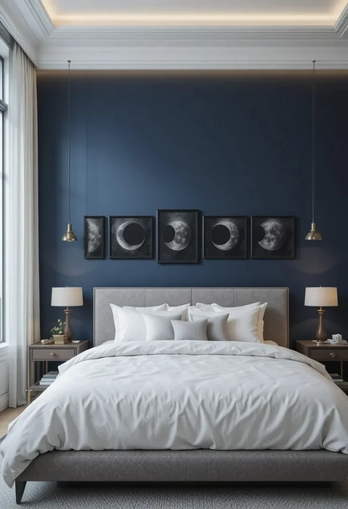 Moon phase wall art displayed above a bed in a peaceful space themed bedroom.