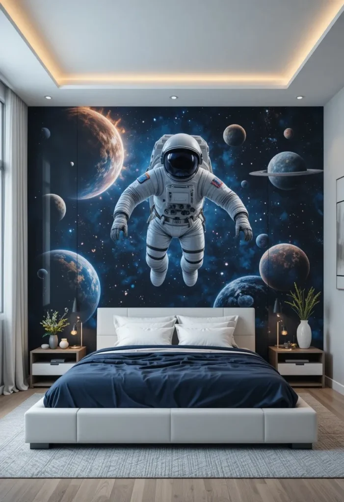 Large astronaut mural transforming a modern bedroom into a stunning outer space retreat.