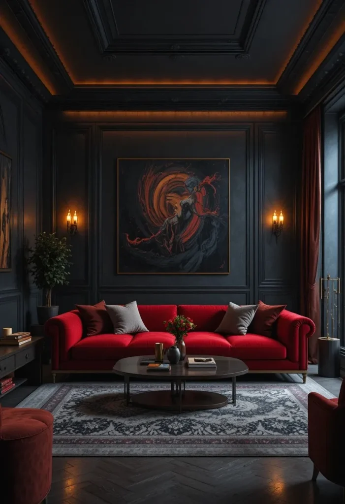 Red couch glowing against dark moody walls in a dramatic living room.
