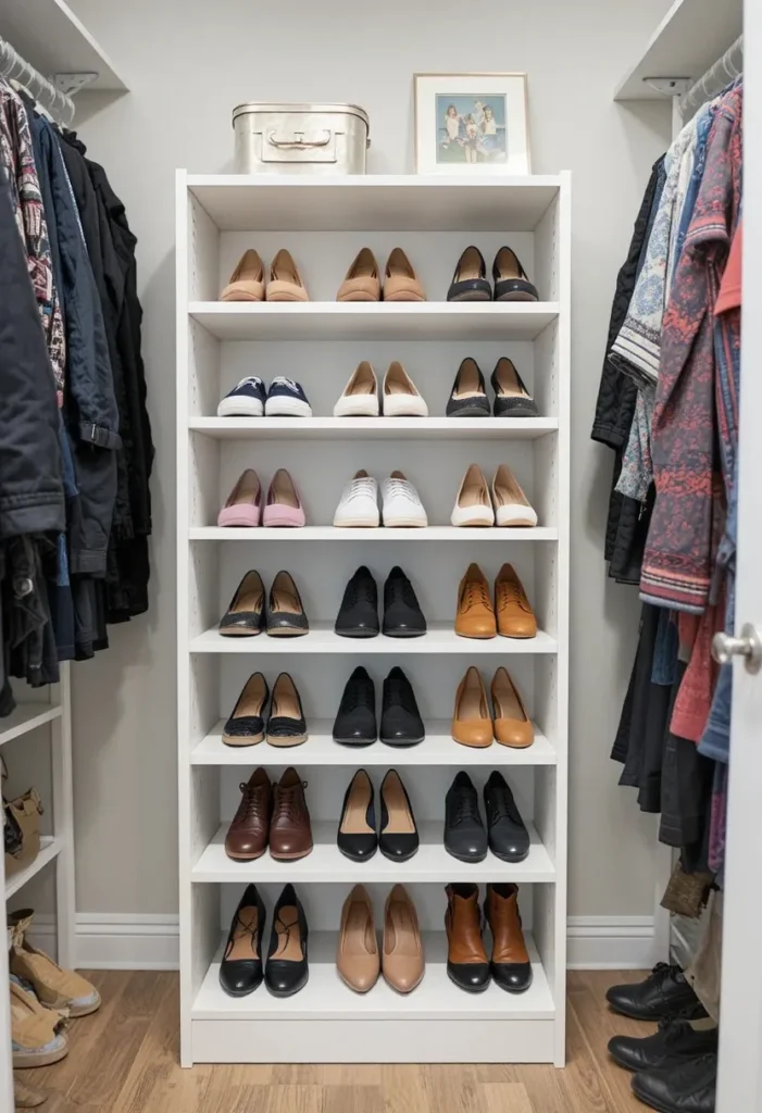 Bookshelf converted into practical shoe storage inside a closet.