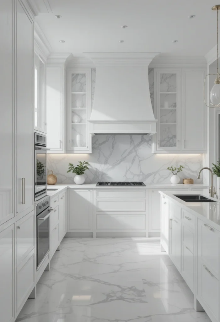 Elegant white kitchen with a full marble backsplash and timeless luxury design.
