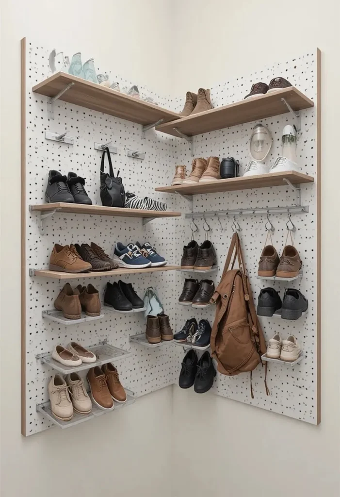 Pegboard storage system displaying shoes in an organized arrangement.