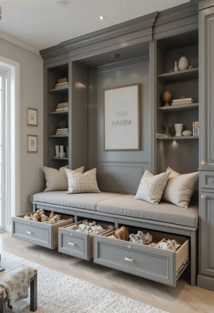 Built-in banquette seating with spacious toy storage drawers underneath.