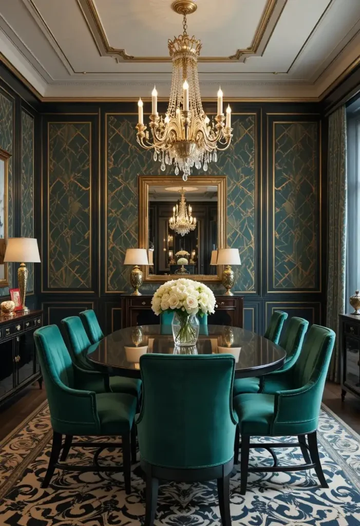 Art Deco dining room showcasing bold geometric wallpaper and glamorous details.