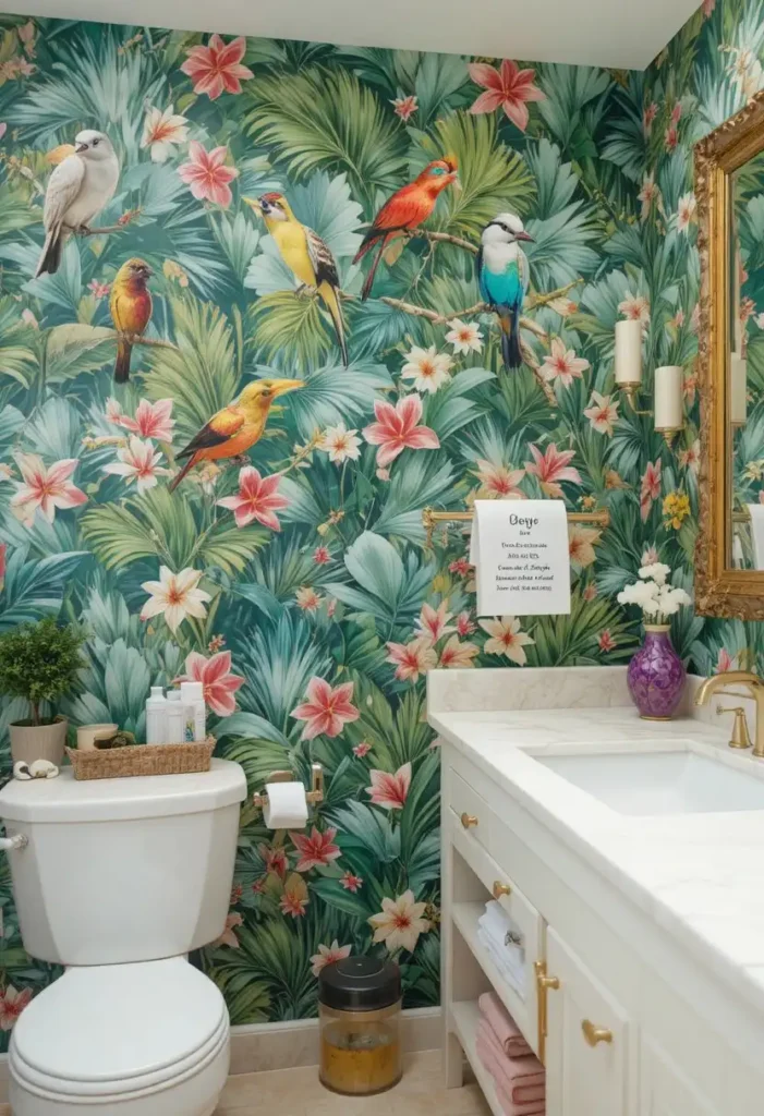 Tropical wallpaper transforming a bathroom into a colorful retreat.