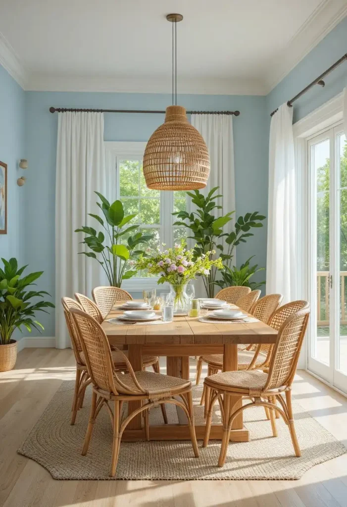 Pale blue coastal dining room with rattan chairs, woven pendant light, and greenery.