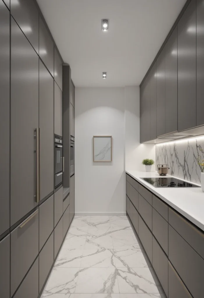 Modern galley kitchen with handleless cabinets creating a seamless minimalist design.