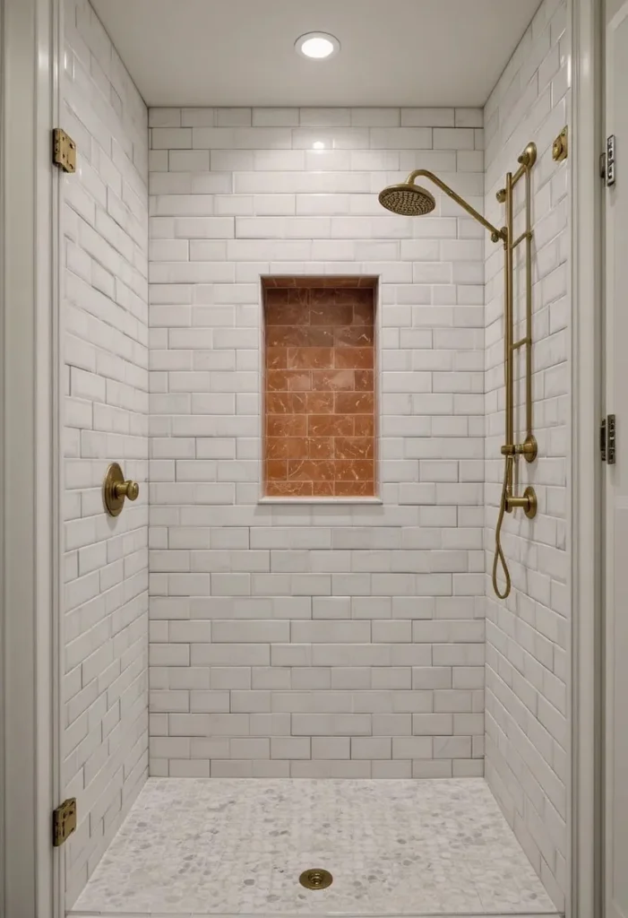 Walk-in shower featuring a stylish recessed niche for organized storage.