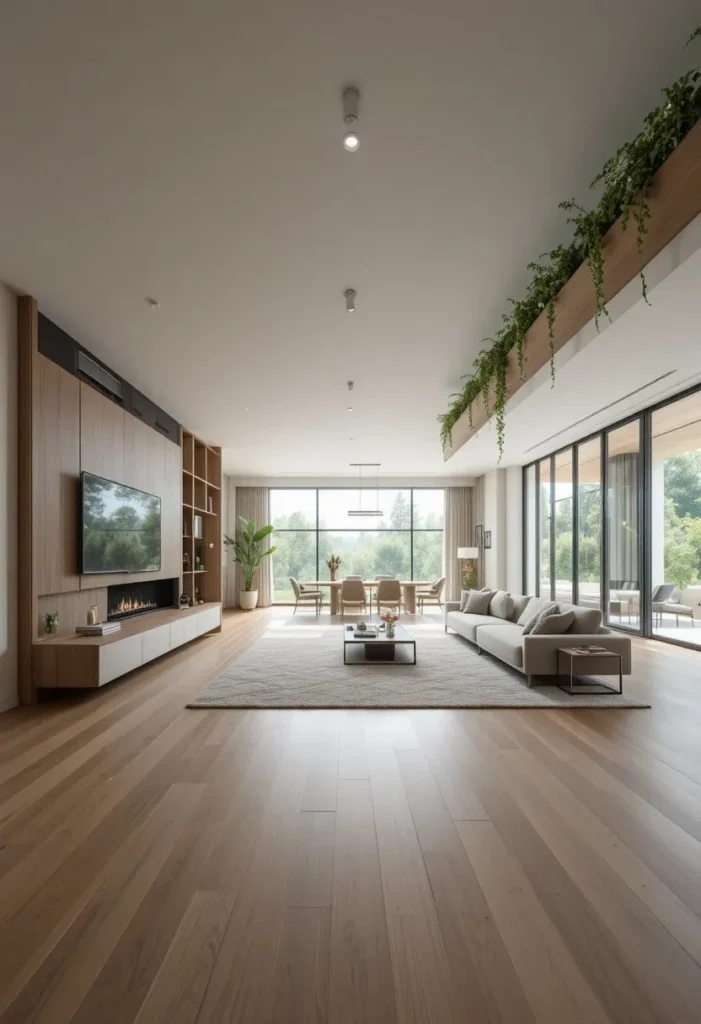 Open-plan home with a sunken living room that naturally separates living and entertaining spaces.