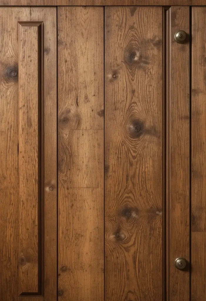 Detailed view of hickory cabinet grain, knots, and natural wood character.