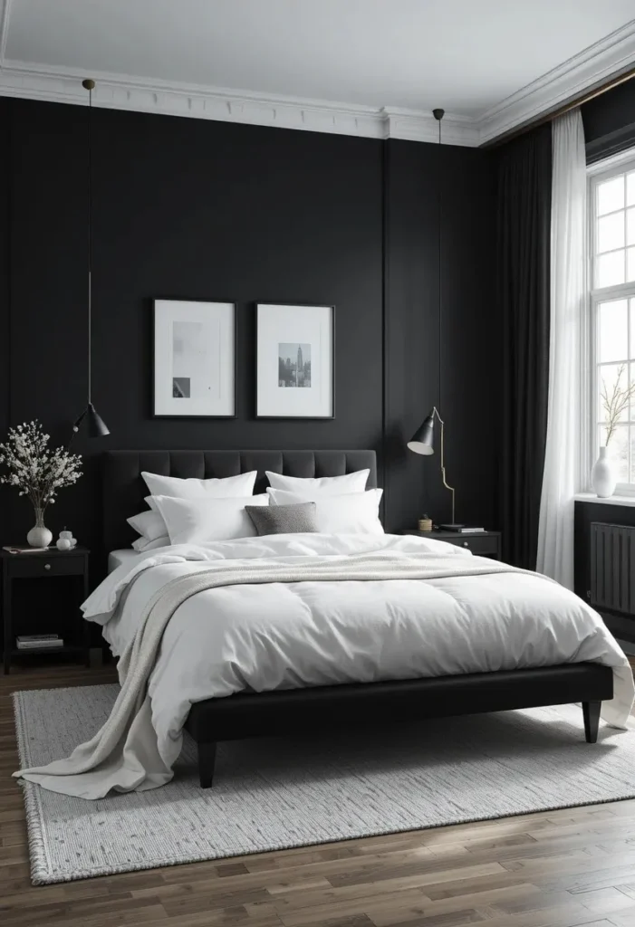 Black and white bedroom with balanced monochrome design and clean styling