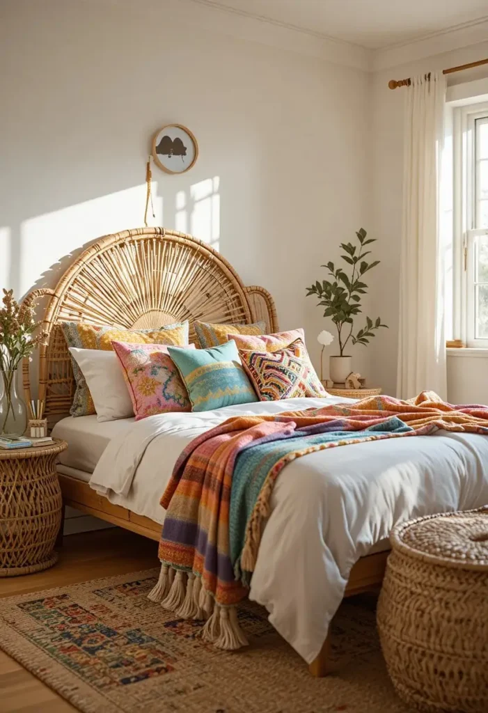 Rattan furniture paired with colorful rainbow textiles in a boho bedroom.