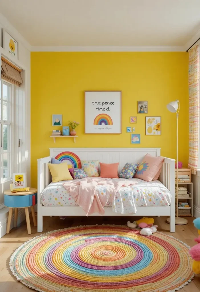 Lemon yellow kids' bedroom filled with playful colors and cheerful decor.