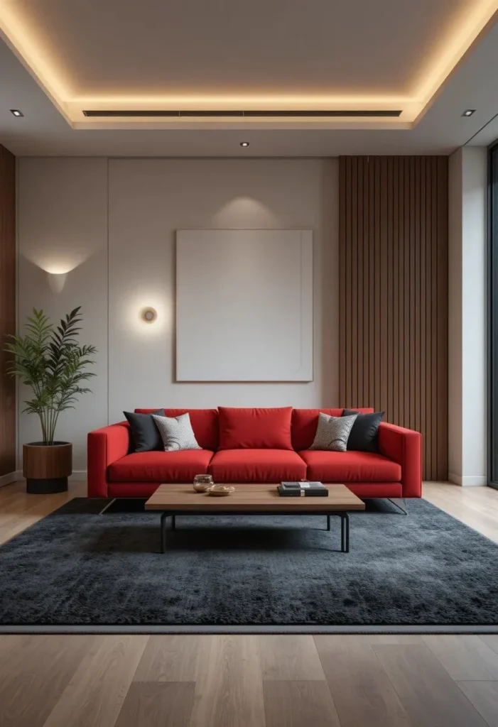 Red sofa anchored with a dark charcoal rug in a modern living room.
