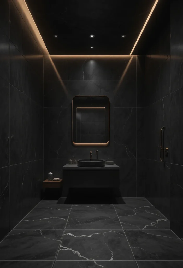Floor-to-ceiling matte black tile bathroom with luxurious spa-inspired modern design.