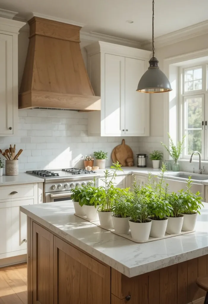 Fresh herbs displayed on a kitchen island in a one wall kitchen design.