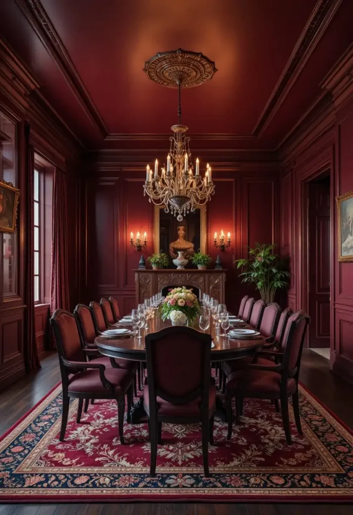 Burgundy dining room with dark wood furniture and rich jewel tones
