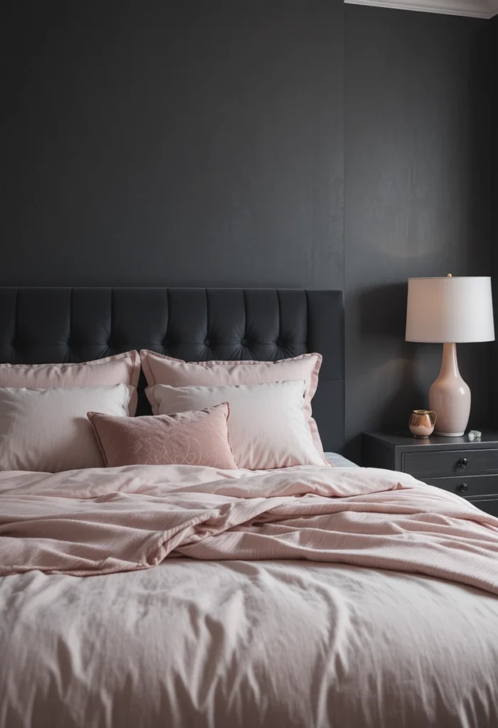 Dark gray bedroom softened with blush pink accents for a romantic and elegant atmosphere.