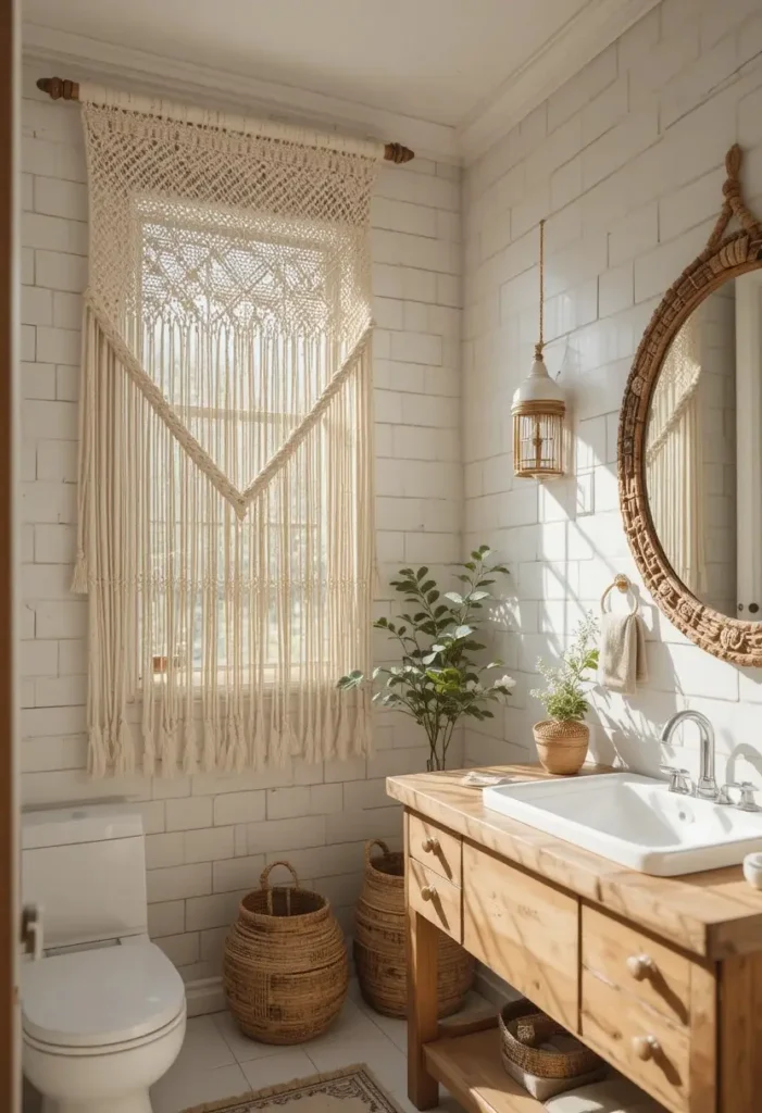 Macramé bathroom curtain adding texture and bohemian charm.