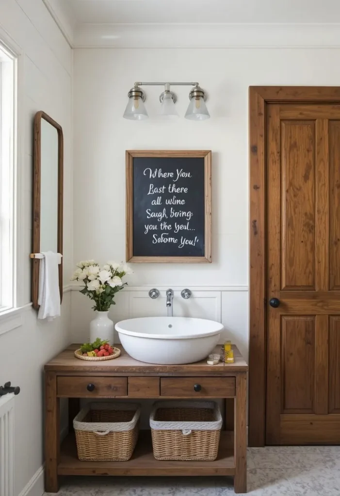 Small chalkboard memo board mounted on a bathroom wall.