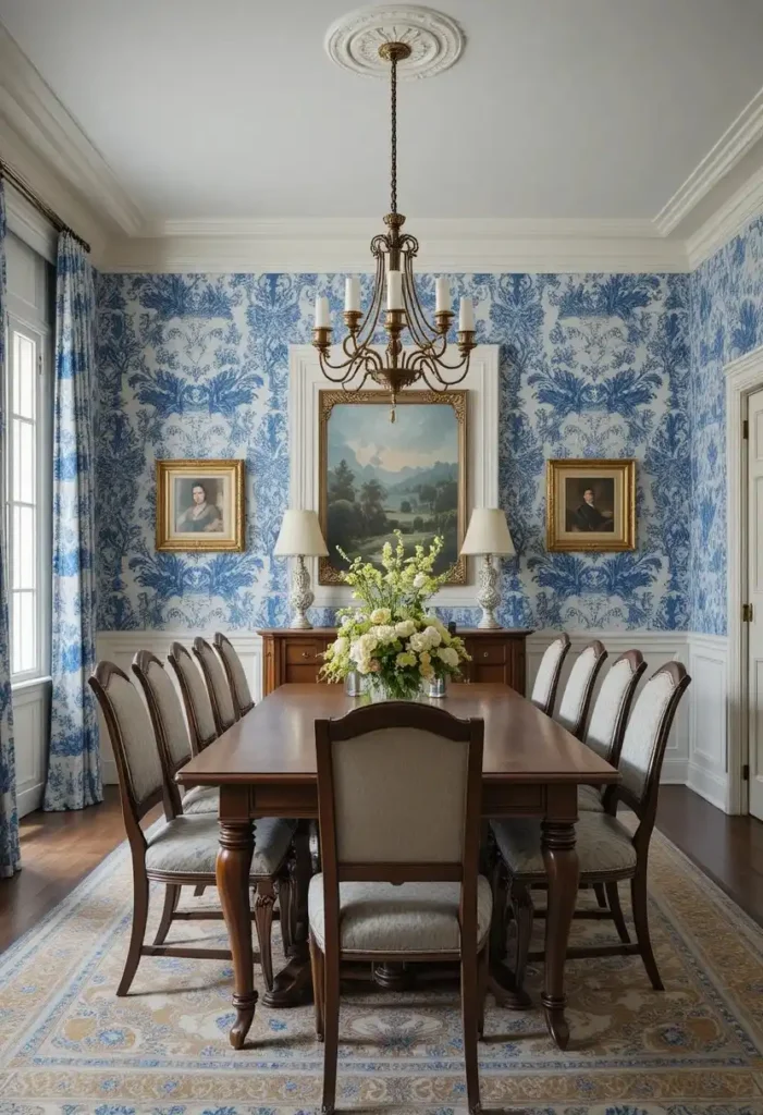 Classic dining room decorated with blue and white toile wallpaper and traditional furniture.