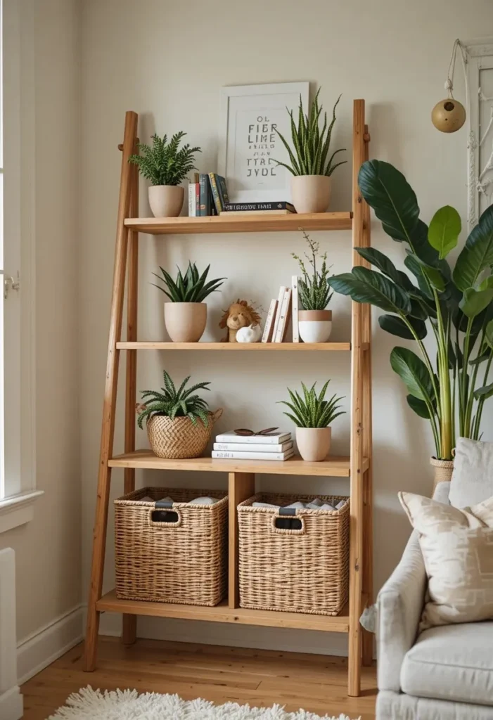 Wood ladder shelf with baskets on lower levels for discreet toy storage.
