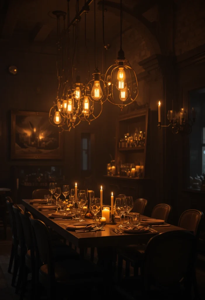 Moody dining room lit with warm Edison bulbs and candlelight creating a cozy atmosphere.