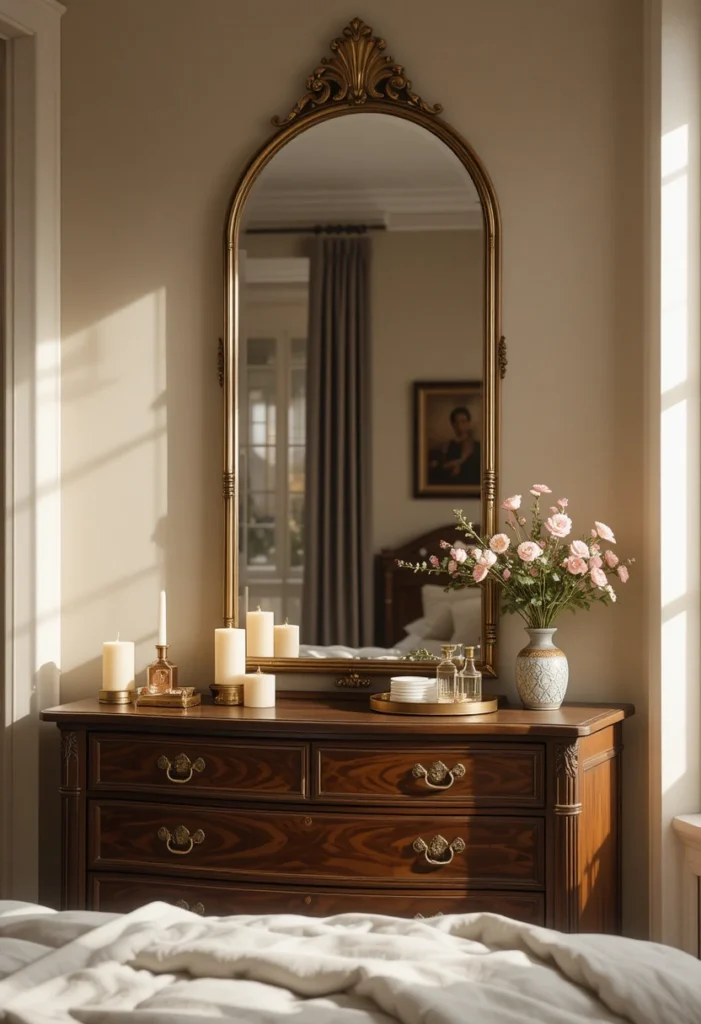 Arched brass mirror above a dresser styled with decorative accessories.