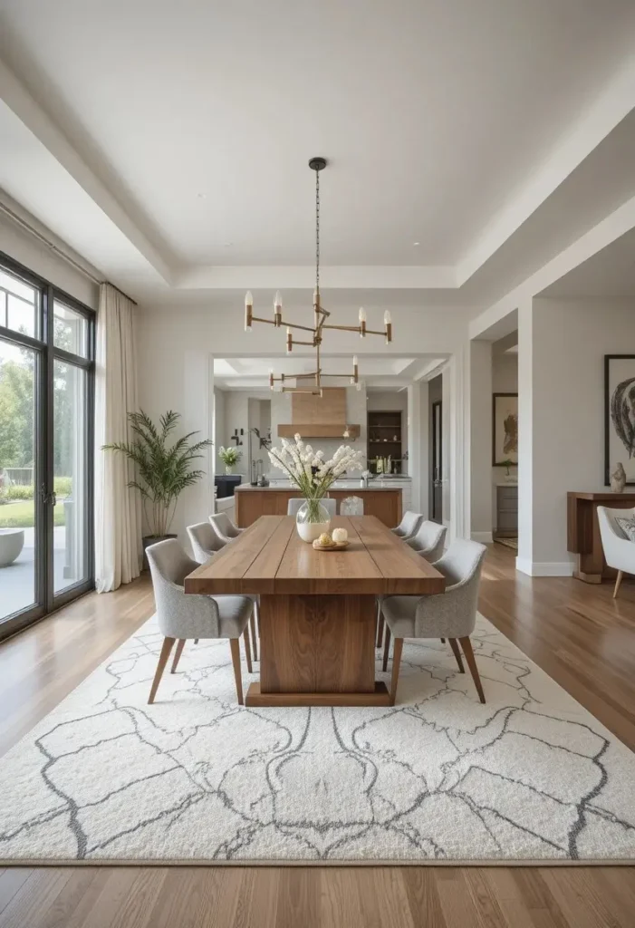 Dining room with a large geometric rug anchoring the table and chairs.
