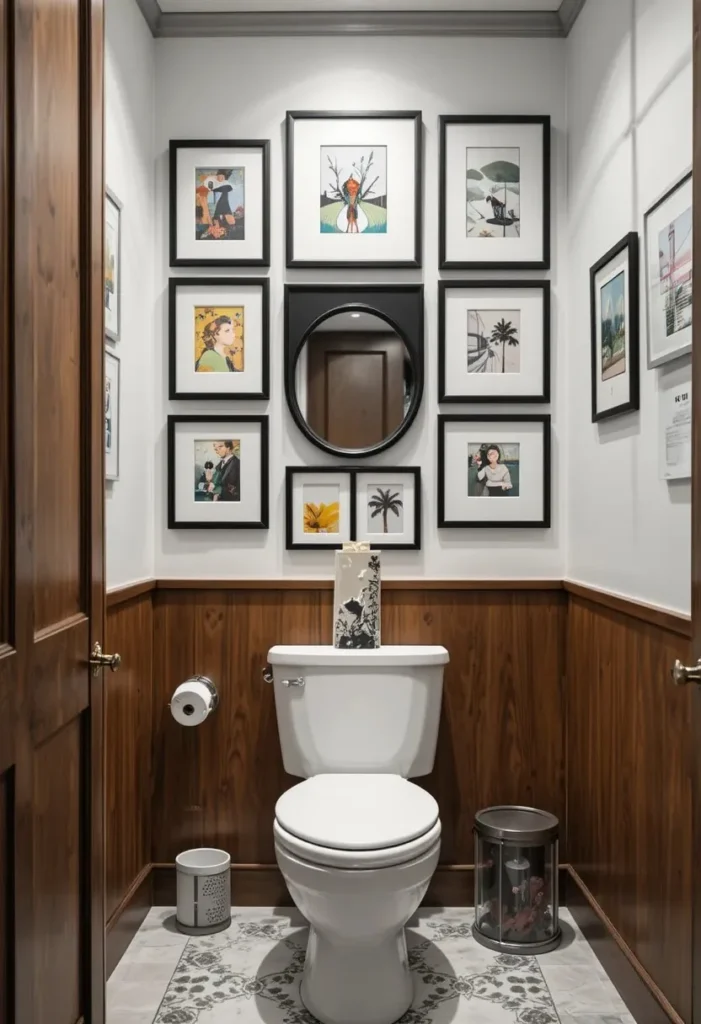 Small gallery wall with artwork and mirrors in a bathroom.