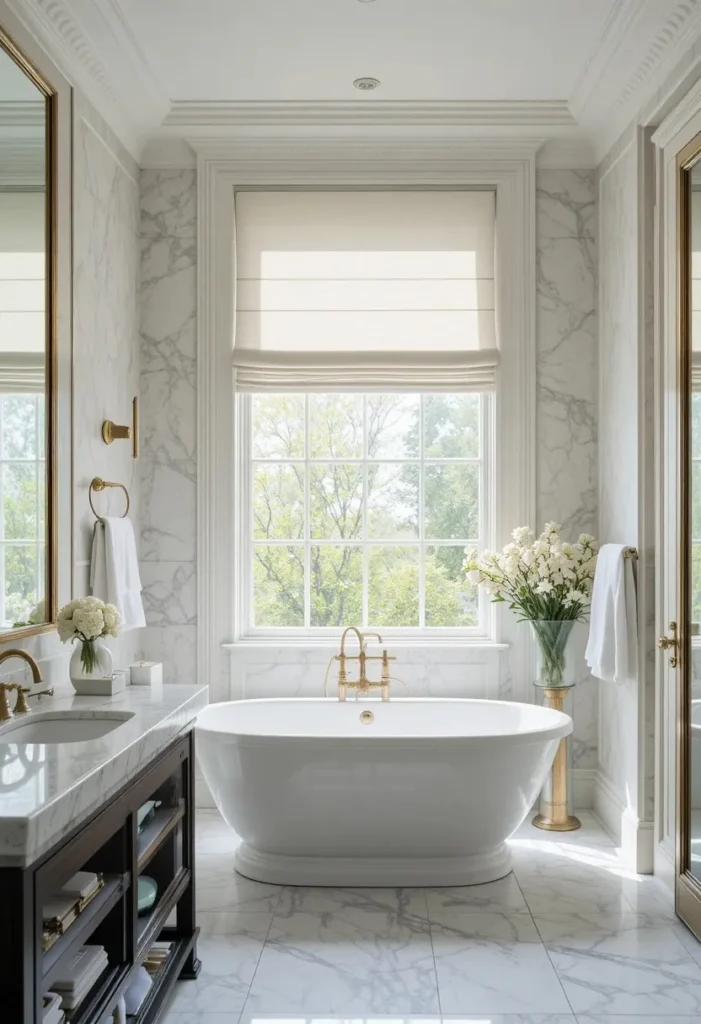 White Roman shades creating a polished and elegant bathroom window treatment.