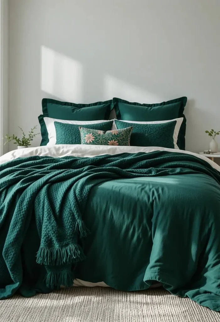 Neutral bedroom styled with layered dark green bedding and cozy textured throws