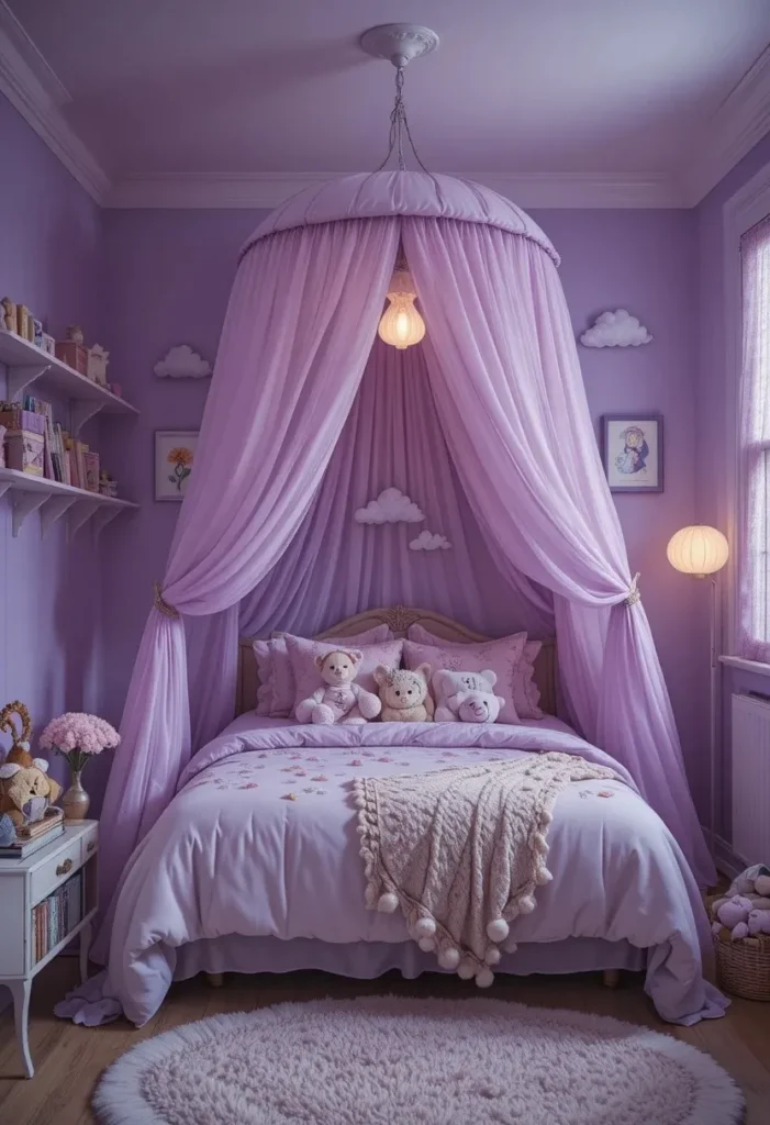 Soft purple kids' bedroom with whimsical decor and a cozy canopy bed.