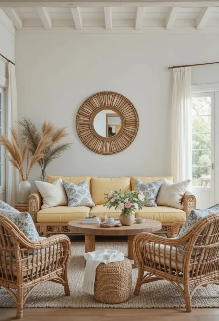 Soft yellow couch surrounded by rattan furniture in a coastal boho living room.