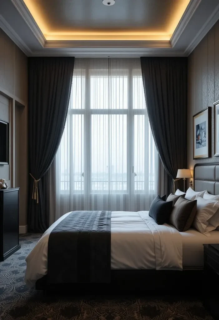 Black curtains with silver tie backs creating dramatic bedroom windows.