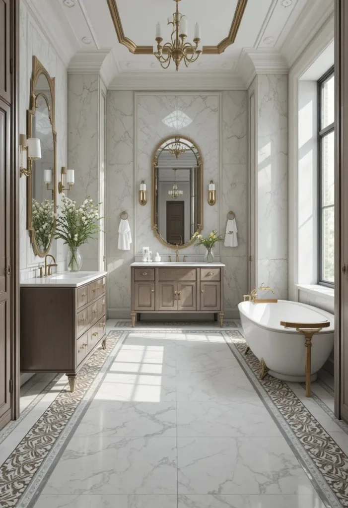 Mixed material bathroom floor combining plain and patterned tiles.
