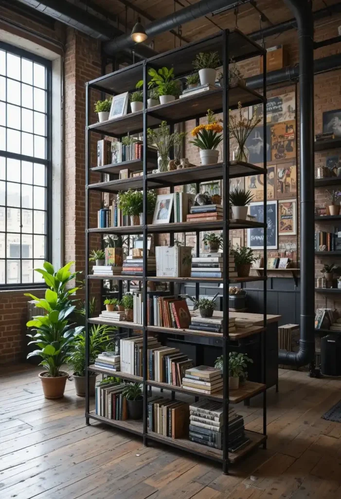 Industrial pipe shelf divider adding storage and urban character.