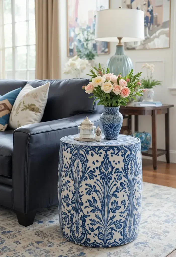 Decorative drum stool functioning as a stylish side table in a living room.