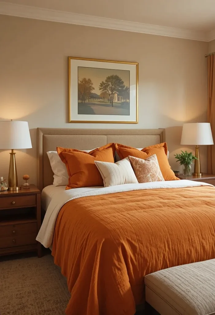 Burnt orange bedding bringing bold retro color to a mid century bedroom.