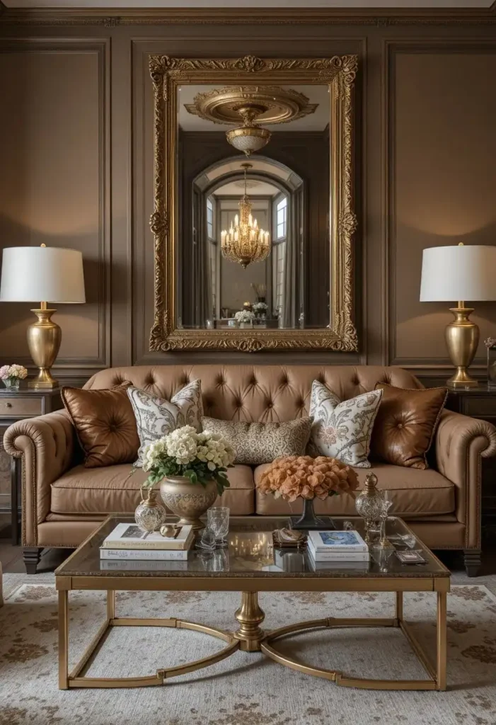 Gold and brass accents elevating a brown couch living room