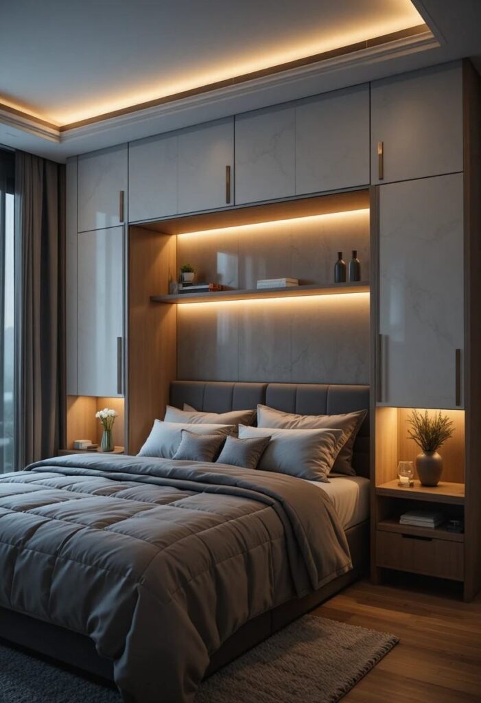 Murphy bed with built-in warm LED lighting creating a cozy bedroom atmosphere.