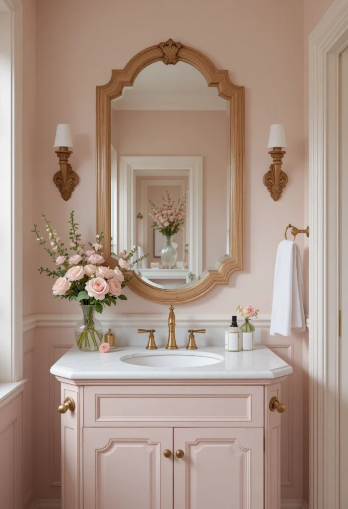 Scalloped edge bathroom mirror with a wood frame adding playful charm to a feminine bathroom.