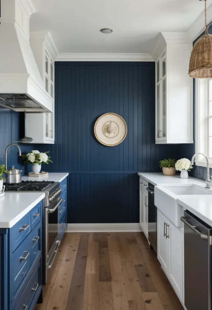 Navy blue beadboard backsplash creating a bold coastal kitchen with white cabinetry.