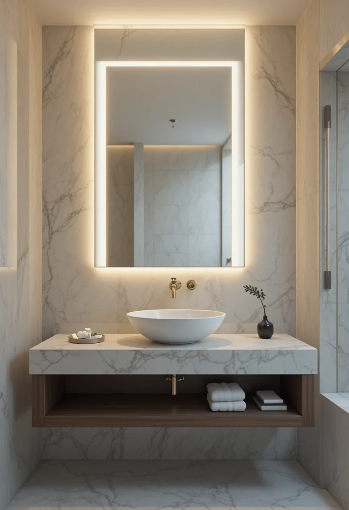 LED backlit bathroom mirror providing soft ambient lighting above a sleek floating vanity.