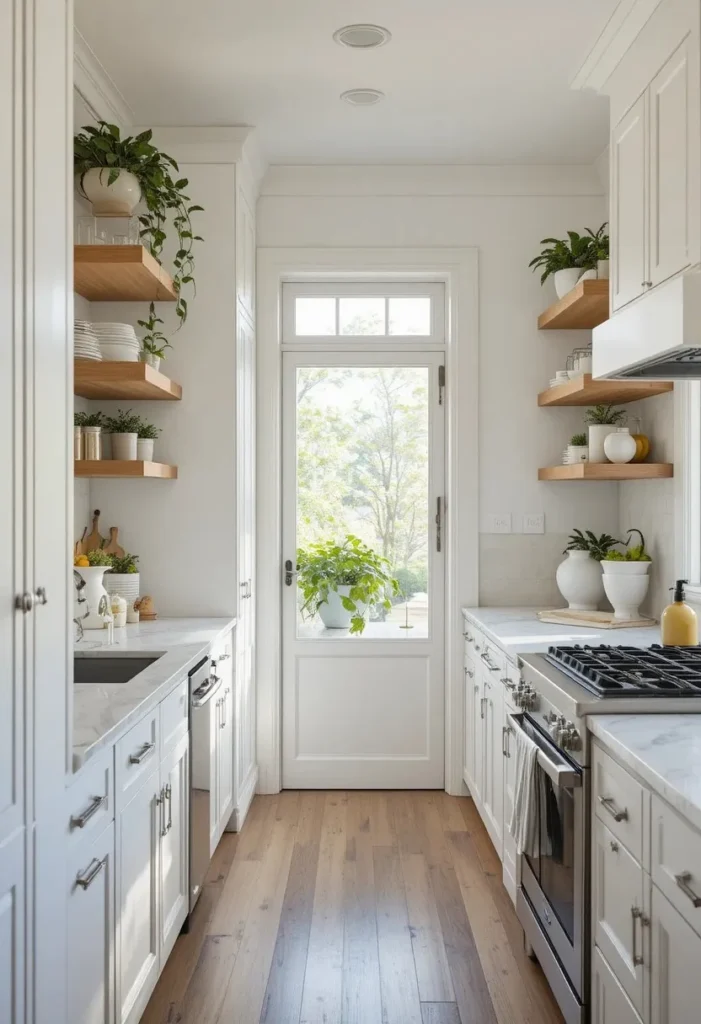 Galley kitchen featuring natural wood floating shelves styled with dishes, plants, and glass jars.