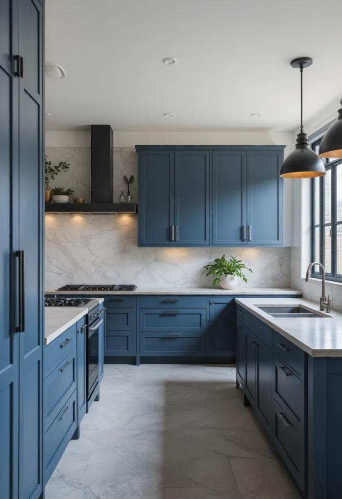 Slate blue kitchen cabinets in a sleek contemporary kitchen.