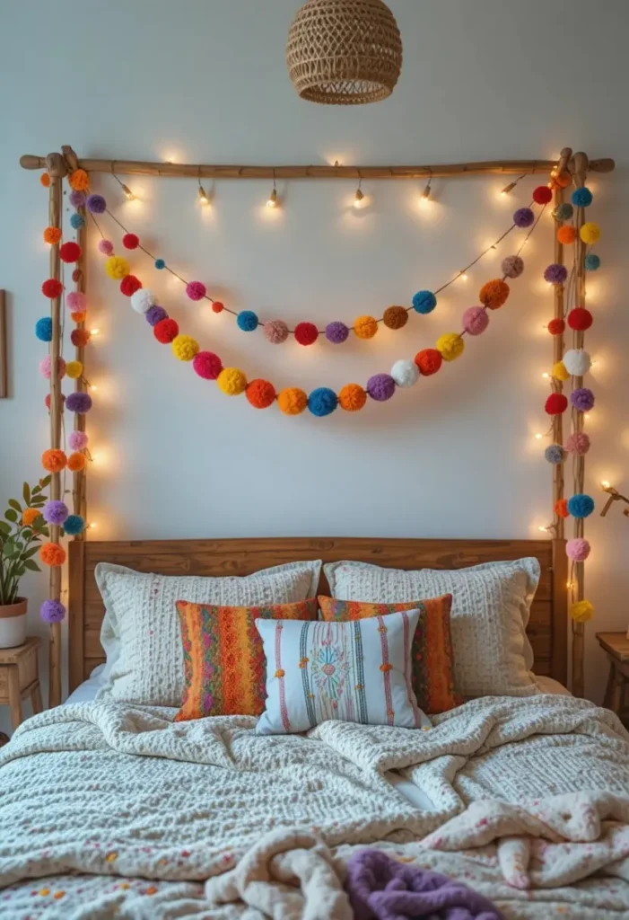 Colorful pom-pom garlands decorating a boho bed frame with warm fairy lights.