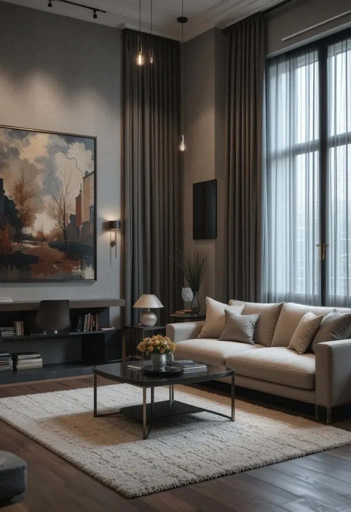 Dark charcoal curtains creating a dramatic and elegant living room.