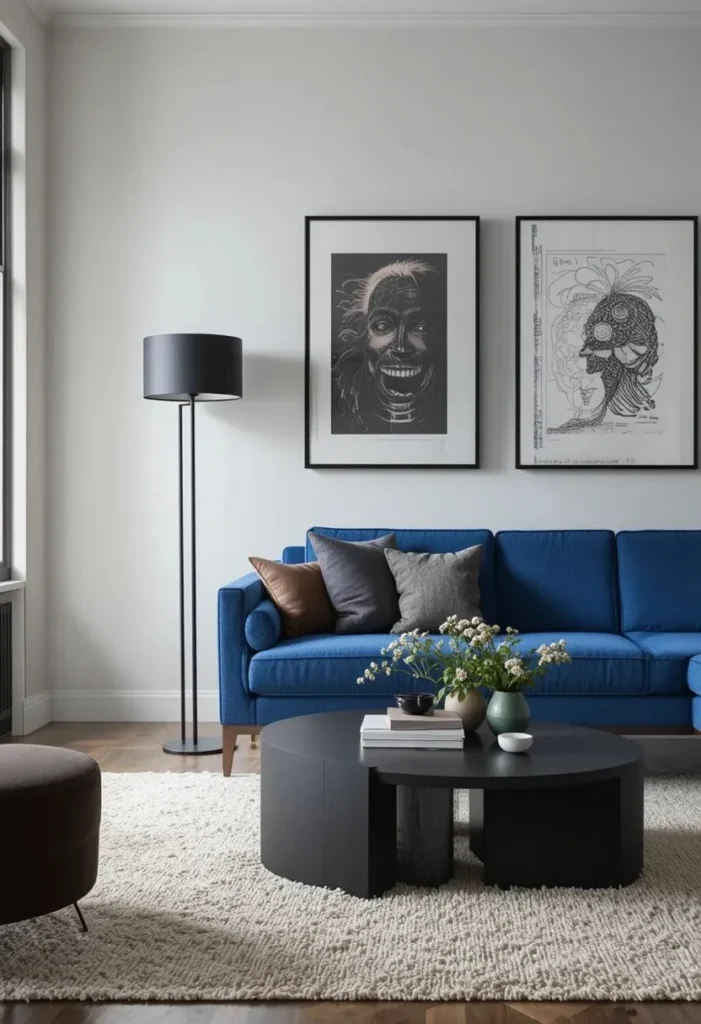 Bold blue couch paired with black accents for a modern graphic living room.