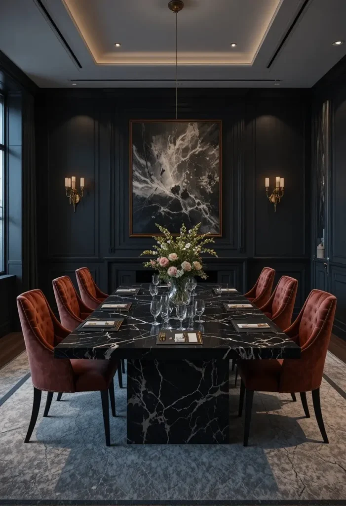 Dining room featuring a dramatic black marble dining table with natural veining.